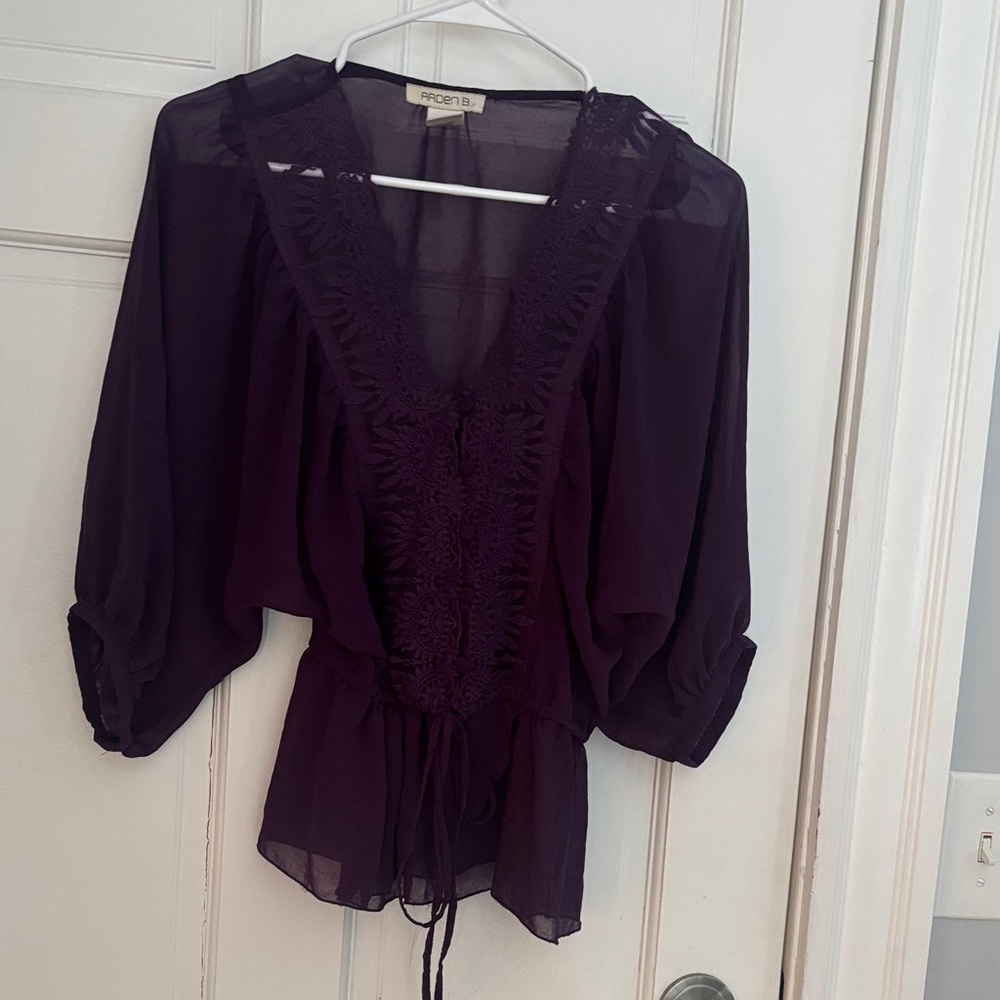 Arden B Plum Sheer Crochet-Trim Peasant Blouse
